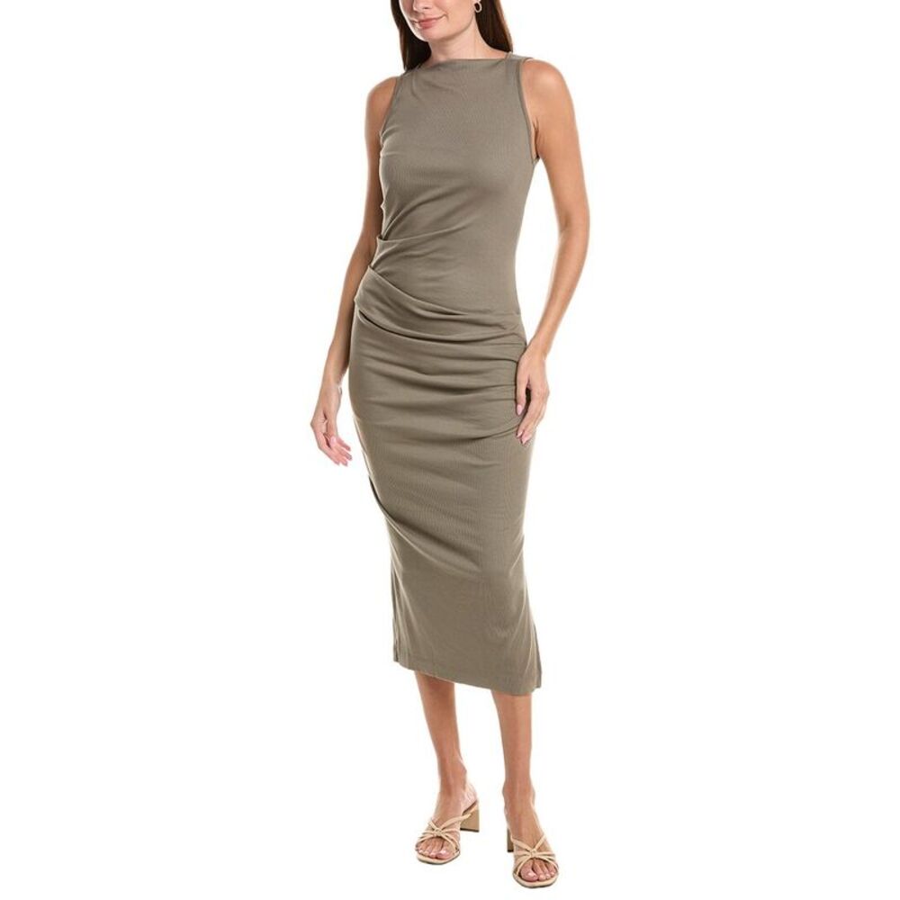 Michael Stars Womens Reign Knife Neck Midi Pleated Dress, Green